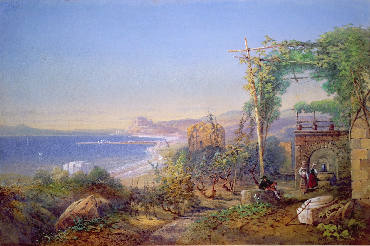 Castille og Baia-bugten, Pozzuoli, 1866 (akvarel og gouache på papir) af Edward Richardson