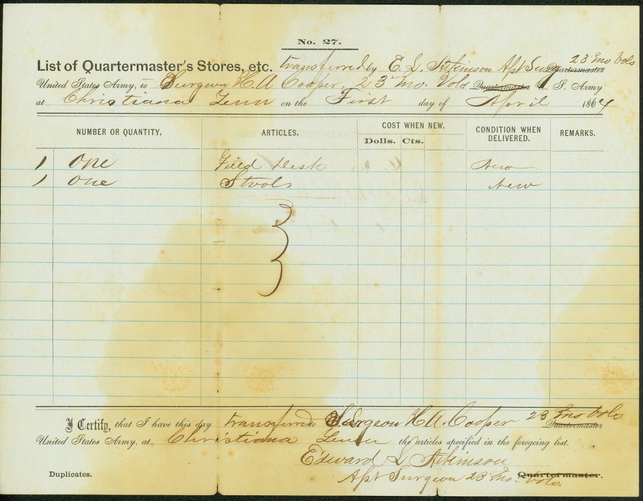 Lister butikker overført af Atkinson til kirurg H. A. Cooper, 23. Missouri Volunteer Infantry af Edward S. Atkinson