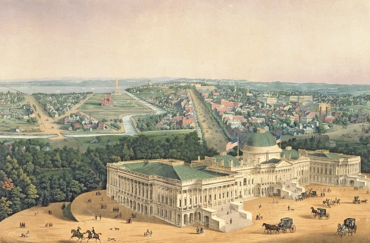 Udsigt over Washington, pub. af E. Sachse und Co., 1852 (farve litho) af Edward Sachse