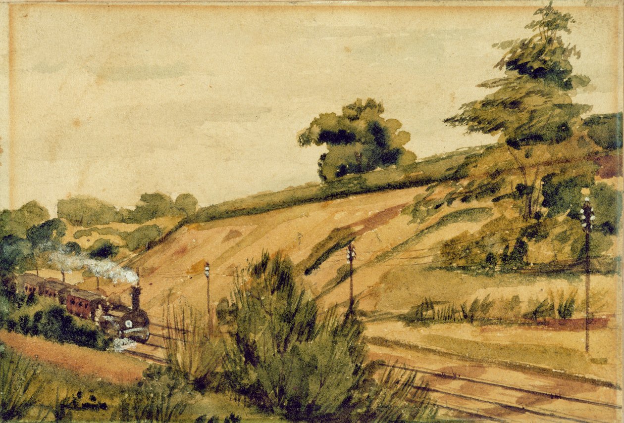 Landskab med tog, 1854 (wc og blyant på papir) af Edward W. Fitch
