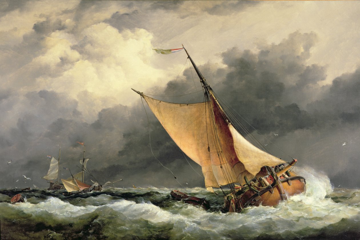 Hollandske fragtbåde i barsk sø af Edward William Cooke
