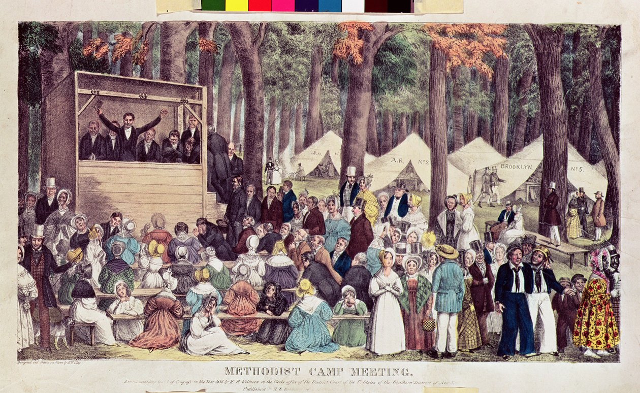 Metodistlejrmøde, indgraveret af Henry R. Robinson (fl.1833-51) 1836 af Edward Williams Clay