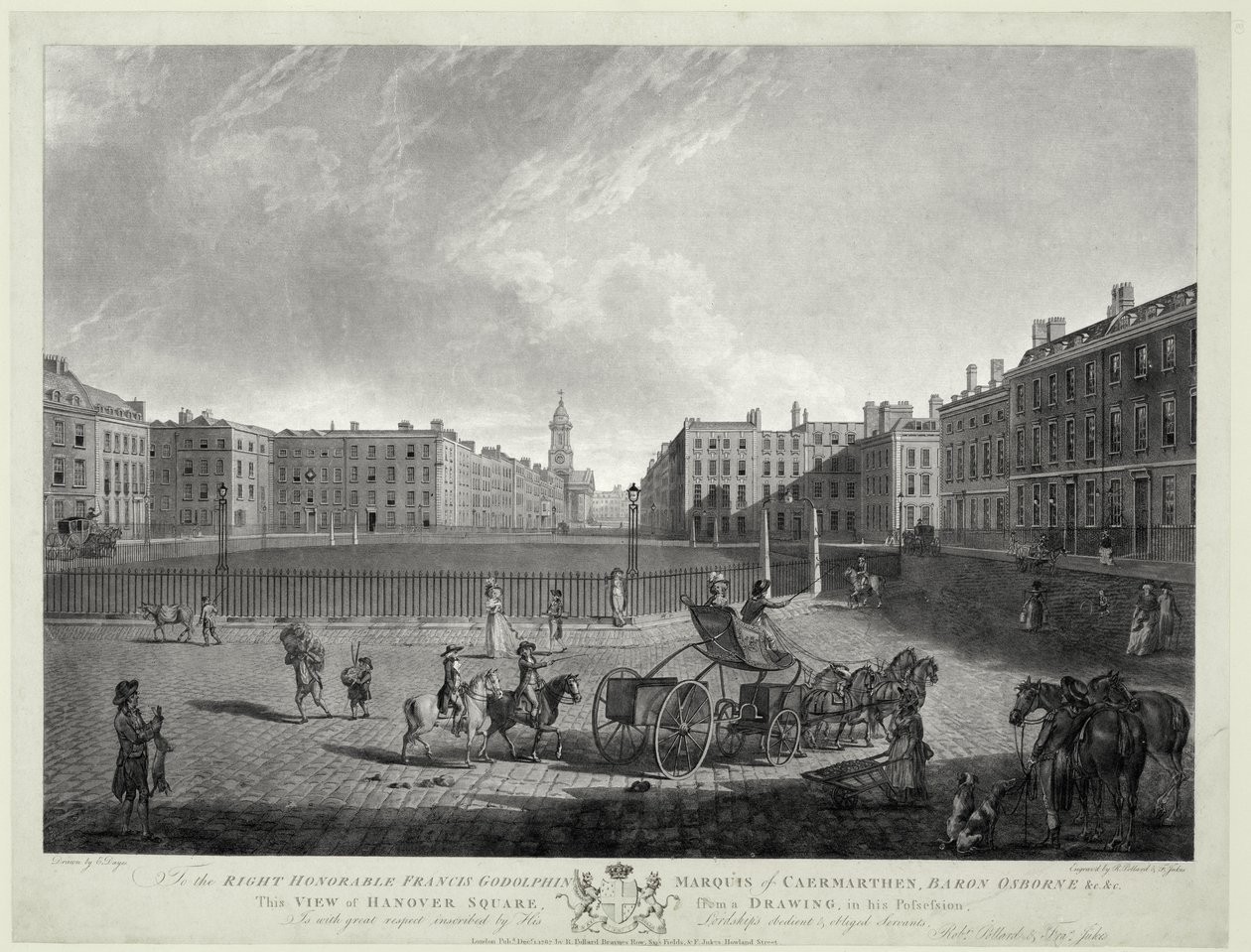 Udsigt over Hannover Square, indgraveret af Robert Pollard (1755-1838) og Francis Jukes (1747-1812) 1787 (radering og akvatinte) af Edward (after) Dayes