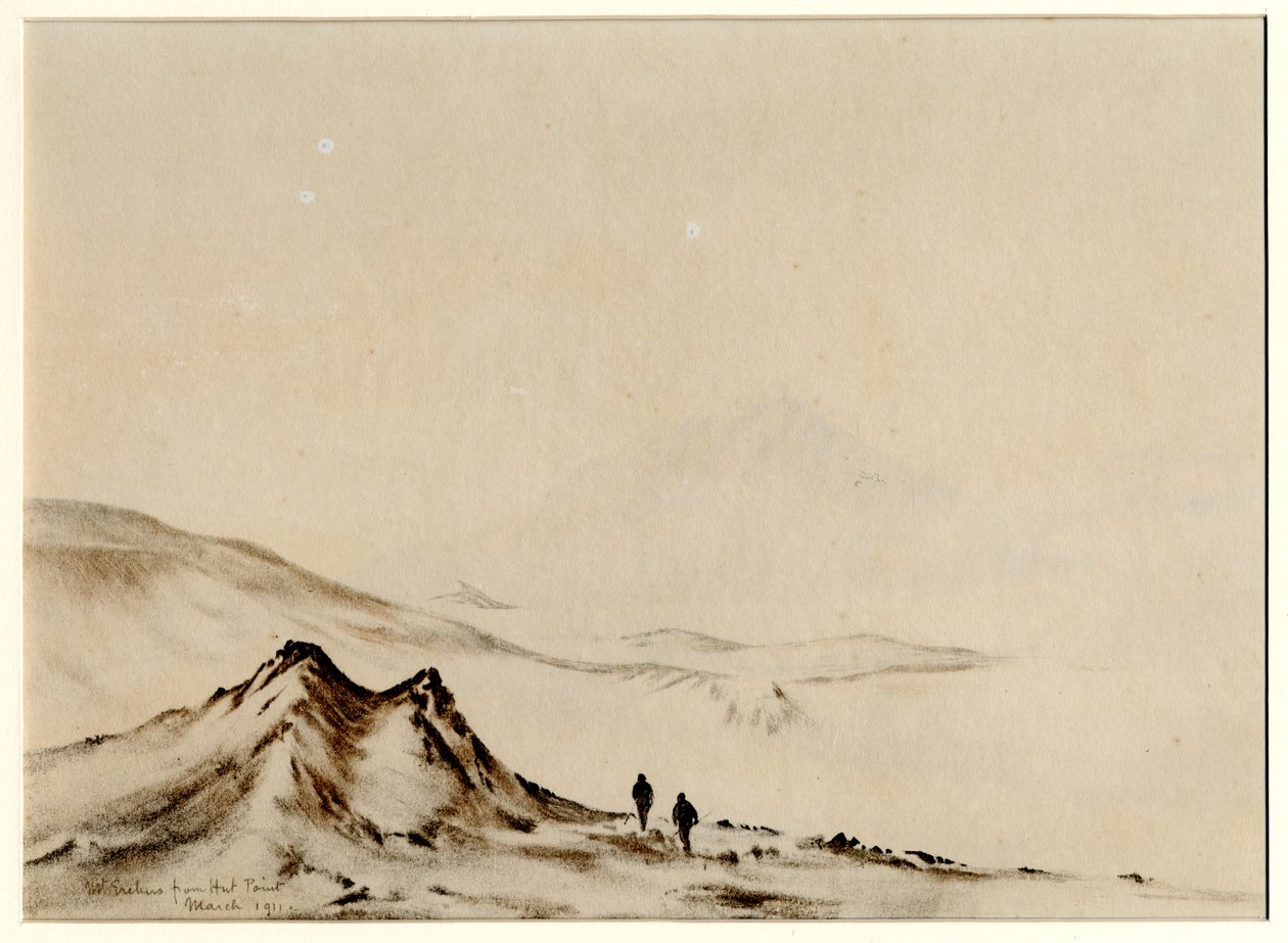 Mount Erebus fra Hut Point, 1901-04 (wc på papir) af Edward Adrian Wilson