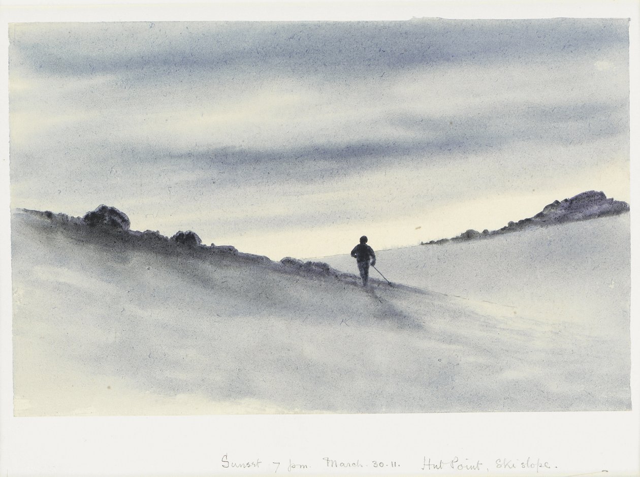 Solnedgang, kl. 19, 30.11. marts, Hut Point, Skibakke, 1911 af Edward Adrian Wilson