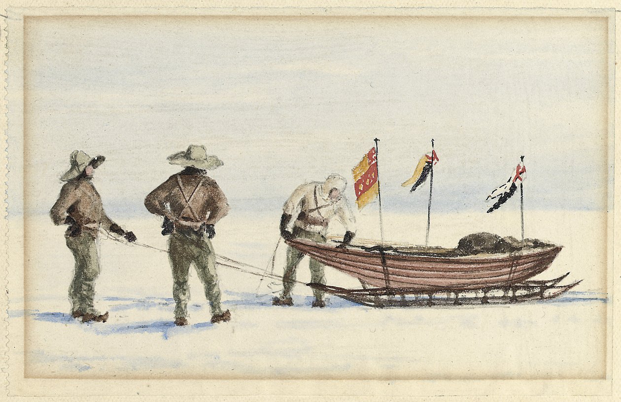 Slædefesten til White Island, februar 1902: Shackleton, Wilson og Ferrar forbereder sig på at tage af sted, 1902 af Edward Adrian Wilson