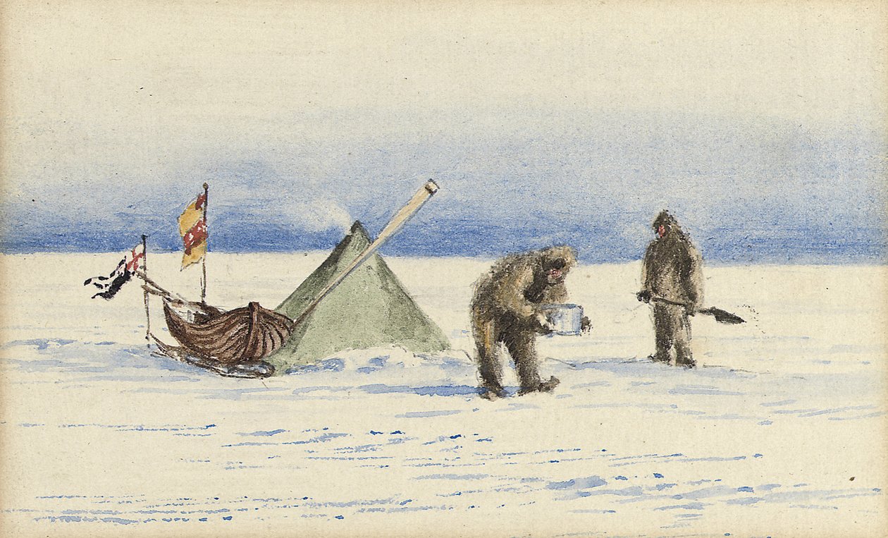 Slædefesten til White Island, februar 1902: Shackleton og Wilson laver lejr, 1902 af Edward Adrian Wilson
