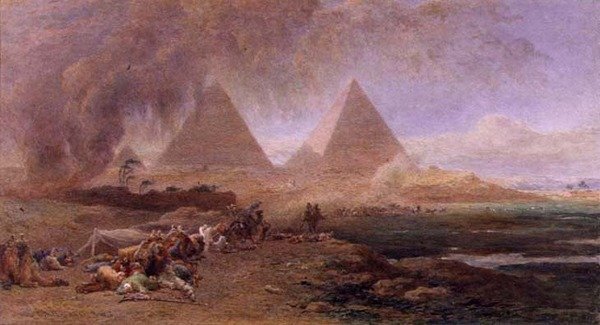 En karavane overhalet af en sandstorm, Egypten (akvarel og gouache på papir) af Edward Angelo Goodall