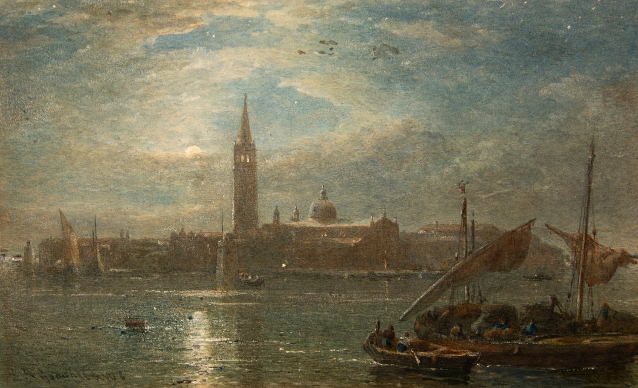 St Georgio ved måneskin, Venedig (akvarel) af Edward Angelo Goodall