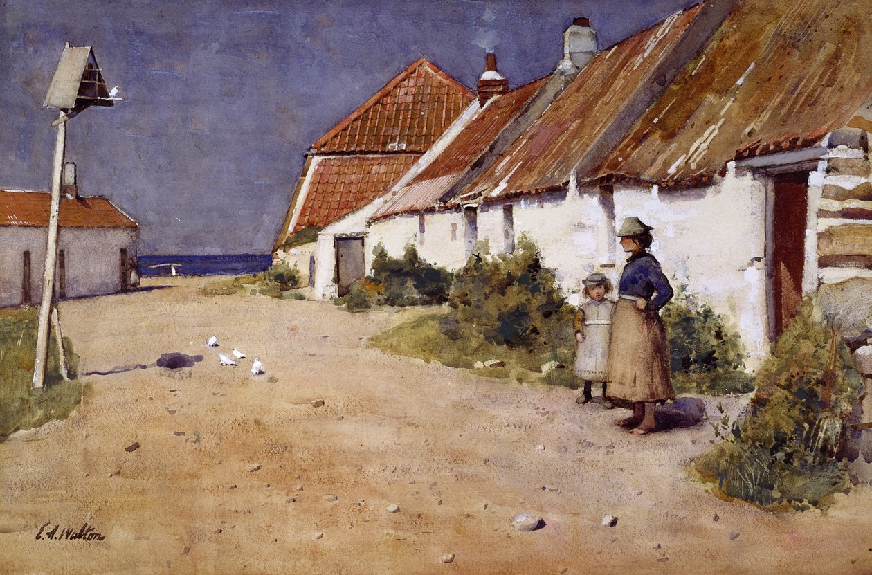 Hytter ved havet med dueslag (akvarel på papir) af Edward Arthur Walton