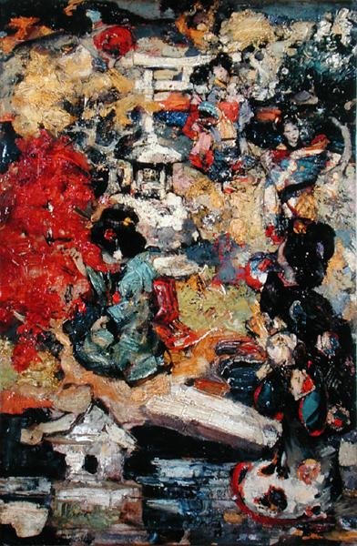 Japanske figurer i en have af Edward Atkinson Hornel