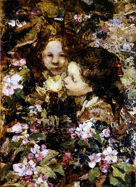Two Girls Amongst Blossoms (olie på lærred) af Edward Atkinson Hornel