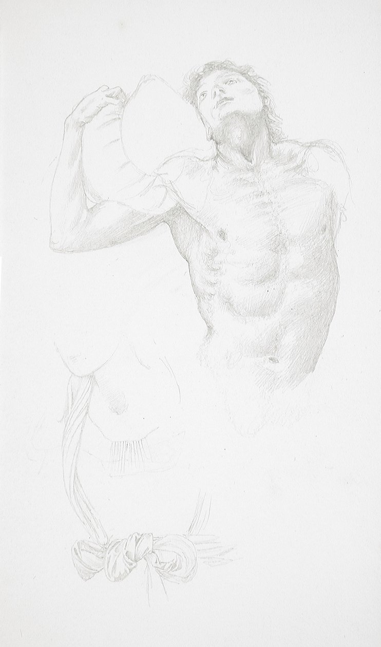 Mandlig nøgenfigur, der holder en pude af Edward Burne-Jones