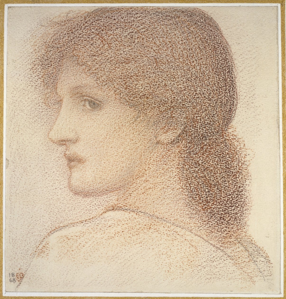 Studie af et kvindehoved, vendt mod venstre, 1868 (Rødkridt på papir) af Edward Burne Jones