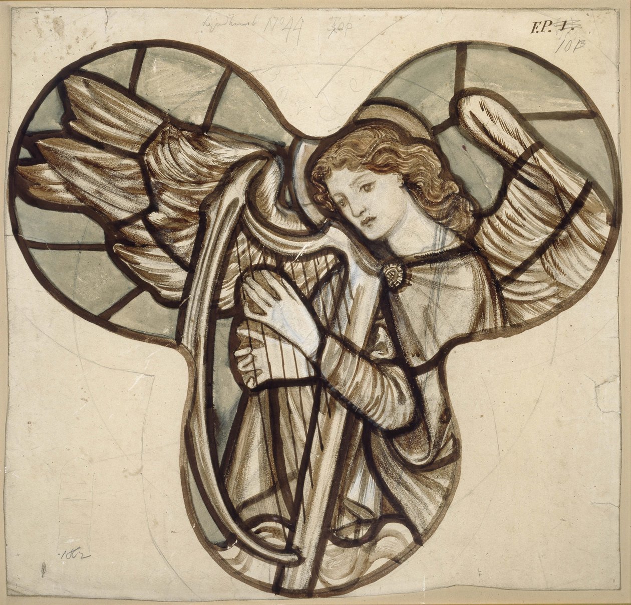 Design til farvet glas i Lyndhurst Church: An Angel Harpist, 1862 (brun og blå skylles over grafit) af Edward Burne Jones