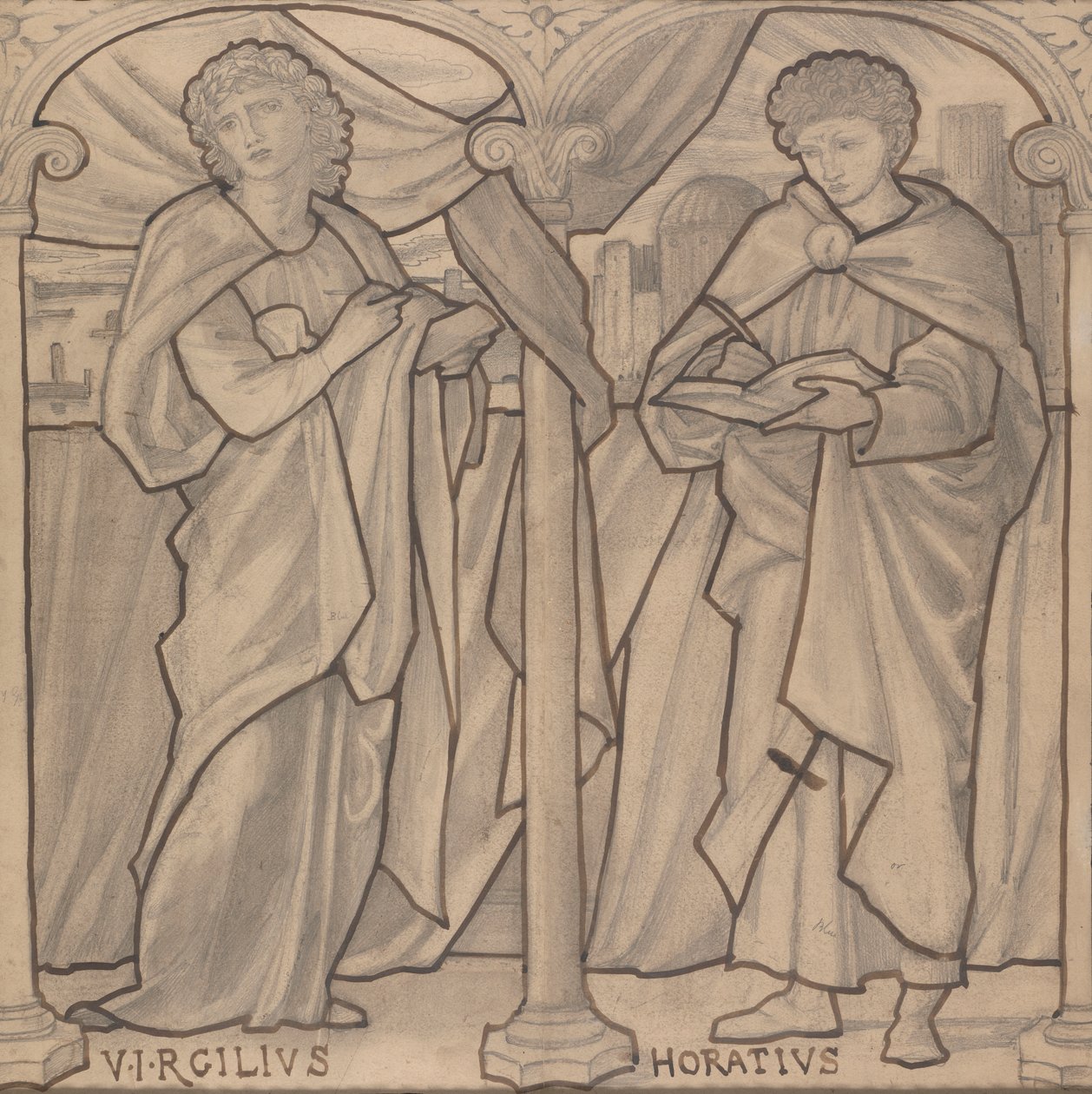 Forberedende design til et farvet glasvindue, Virgil og Horace af Edward Burne Jones