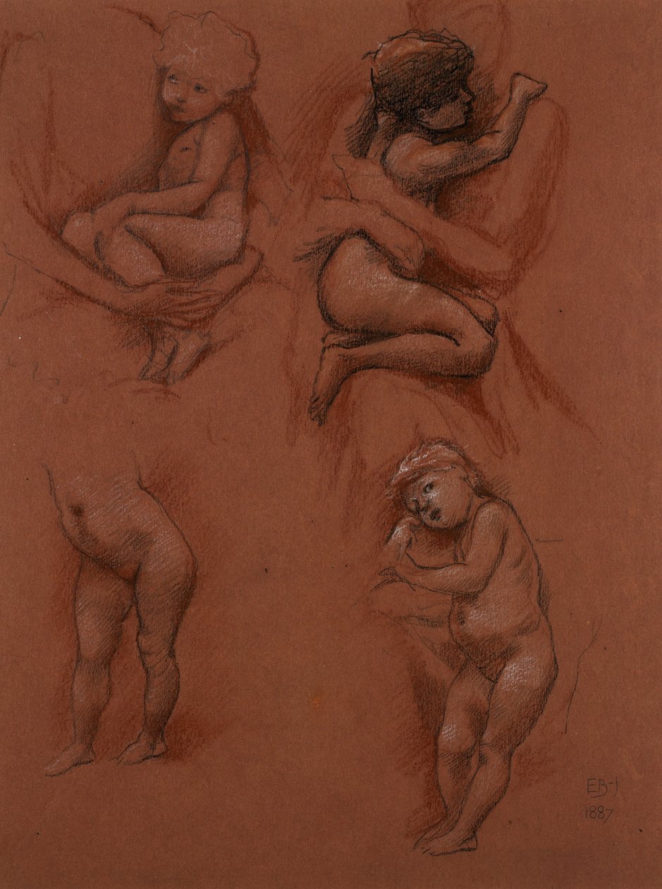 Studier af børn i deres mødres arme, 1887 (sort, rødt og hvidt kridt på rødt papir) af Edward Burne Jones