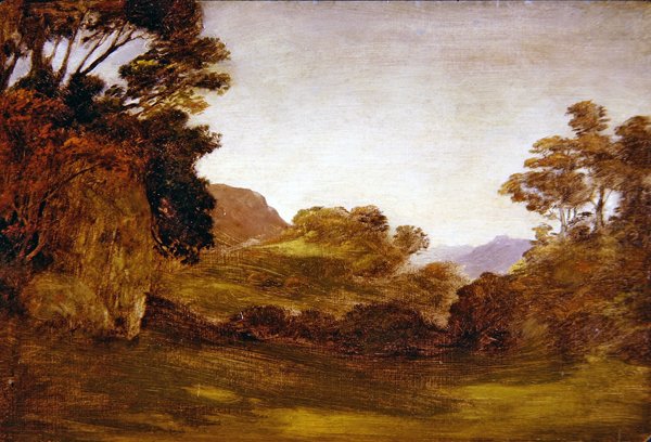 En vej gennem et skovklædt landskab (olie om bord) af Edward Calvert
