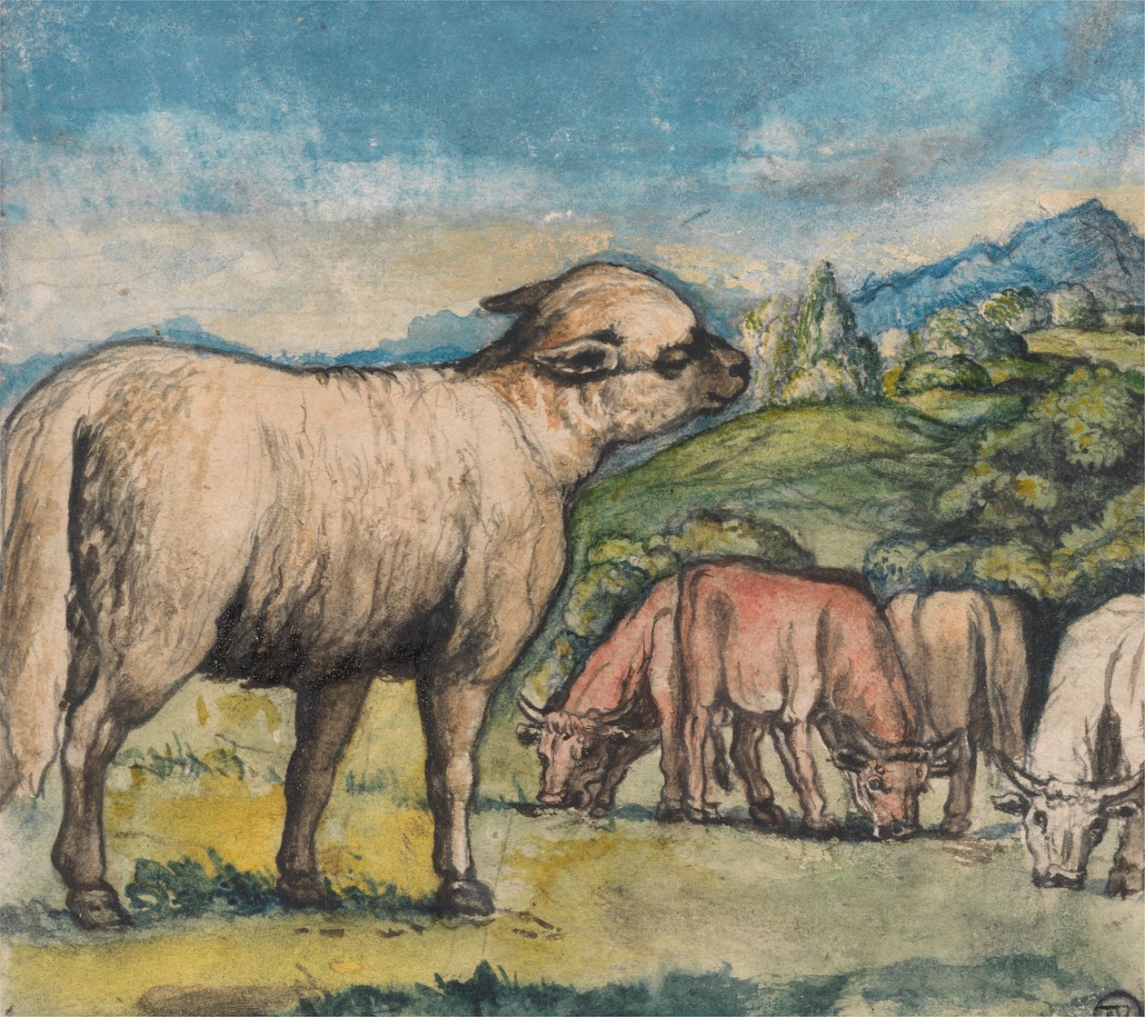 Lam og Okser i et Pastoralt Landskab af Edward Calvert