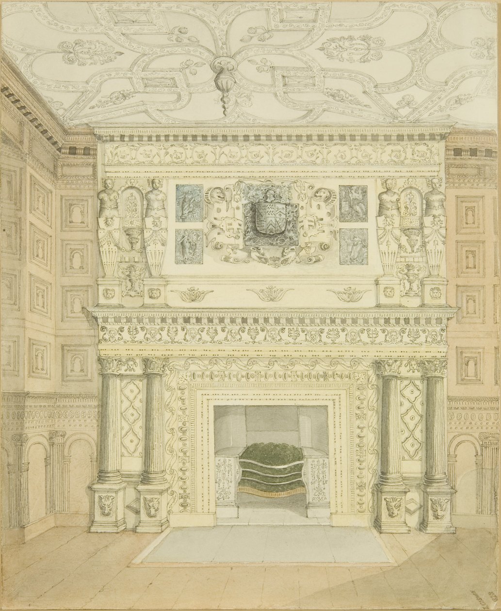Skorstensstykke, Great Oak Room, Red Lodge (blyant og akvarel på papir) af Edward Cashin