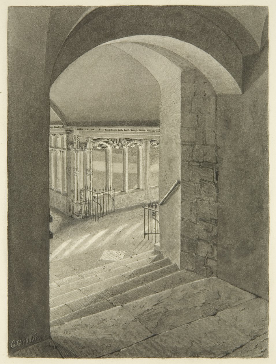 Indgang til Cloisters fra Bristol Cathedral med Edward Birds grav (blyant og akvarel på papir) af Edward Cashin