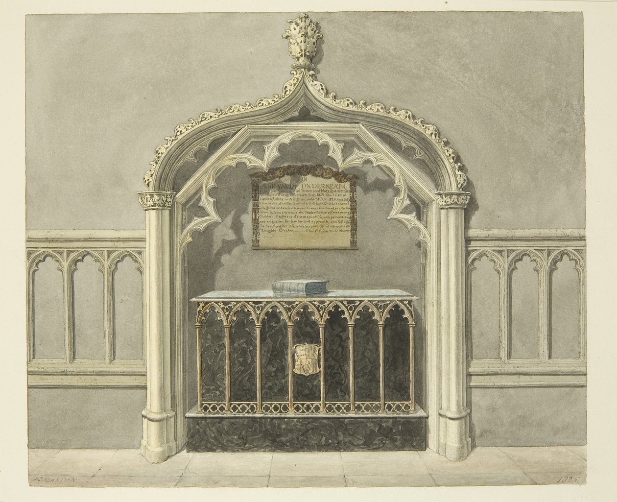 Monument til Mary Grosett i Bristol Cathedral (blyant og akvarel på papir) af Edward Cashin