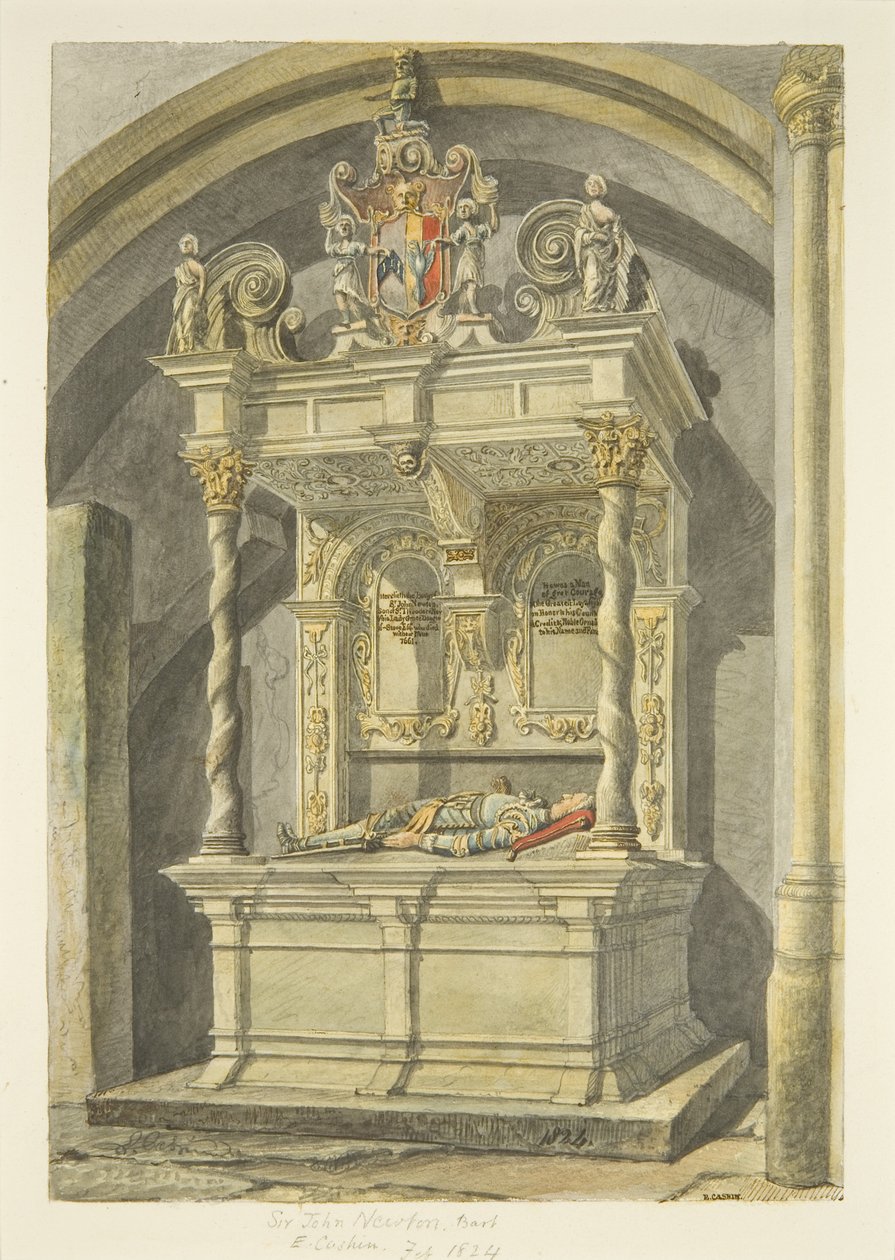 Monument til Sir John Newton, Bart., i Bristol Cathedral (blyant og akvarel på papir) af Edward Cashin