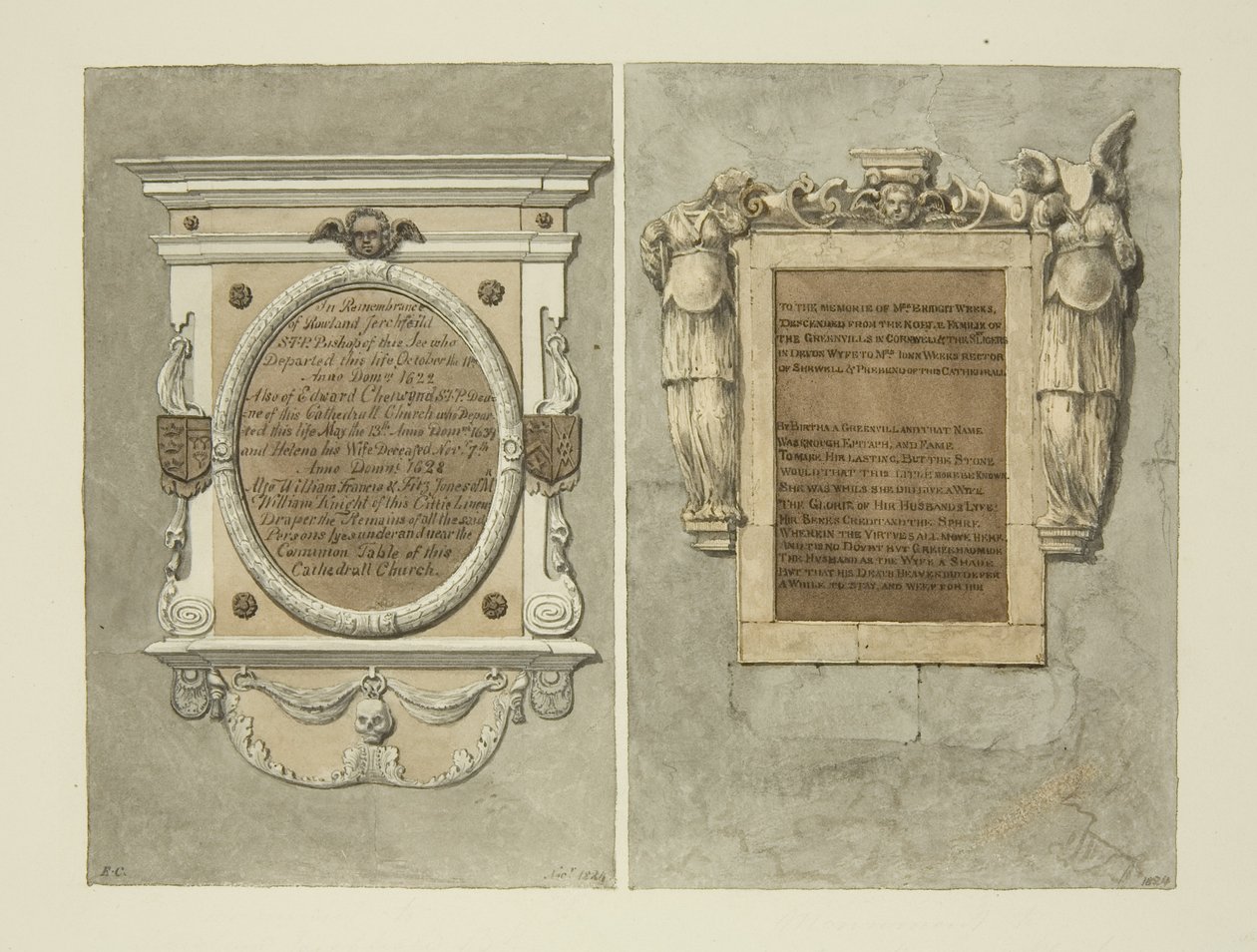 Monumenter til Bishop Searchfield, Dean Chetwynd og Mrs. Weeks i Bristol Cathedral (blyant og akvarel på papir) af Edward Cashin