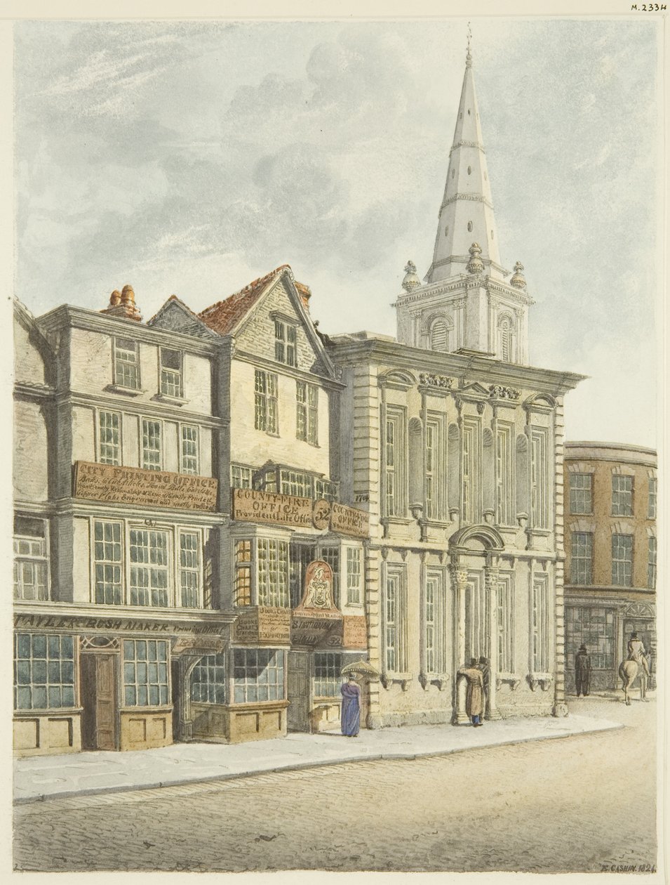 Old Council House, nedtaget 1824 (blyant og akvarel på papir) af Edward Cashin