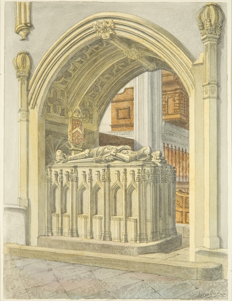 Tomb of Robert Fitzharding, død 1170, i Bristol Cathedral (blyant og akvarel på papir) af Edward Cashin