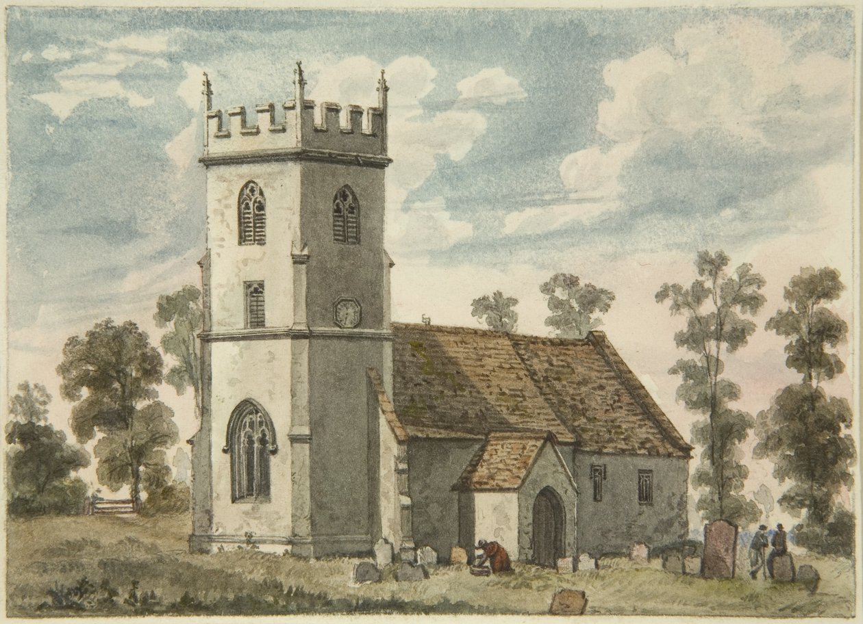 Ukendt kirke, måske Compton Greenfield, ca. 1823 (blyant og akvarel på papir) af Edward Cashin