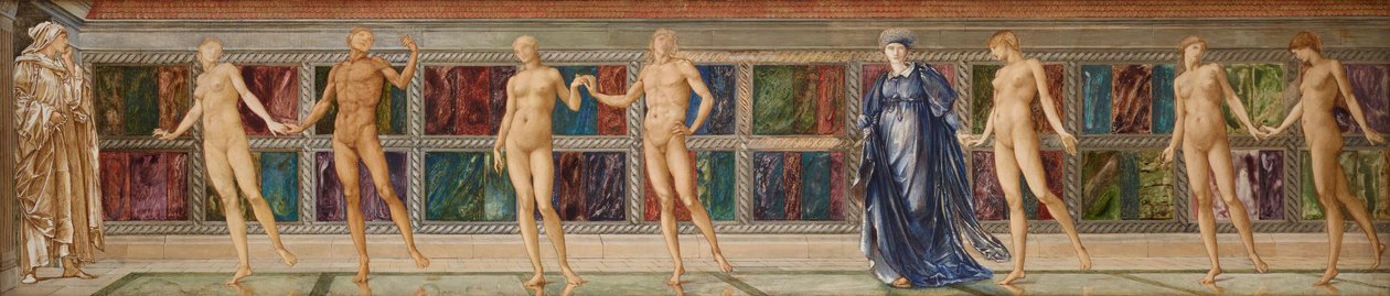 Pilgrimmen i lediggangens have - Studie af ni figurer, ca. 1874 (akvarel) af Edward Coley (studio of) Burne Jones