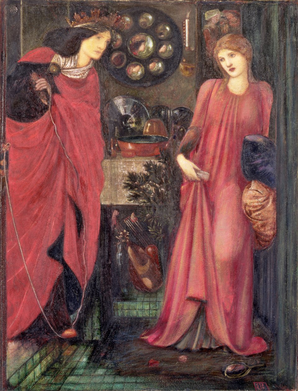 Fair Rosamund og Queen Eleanor (blandet medier på papir) af Edward Burne Jones