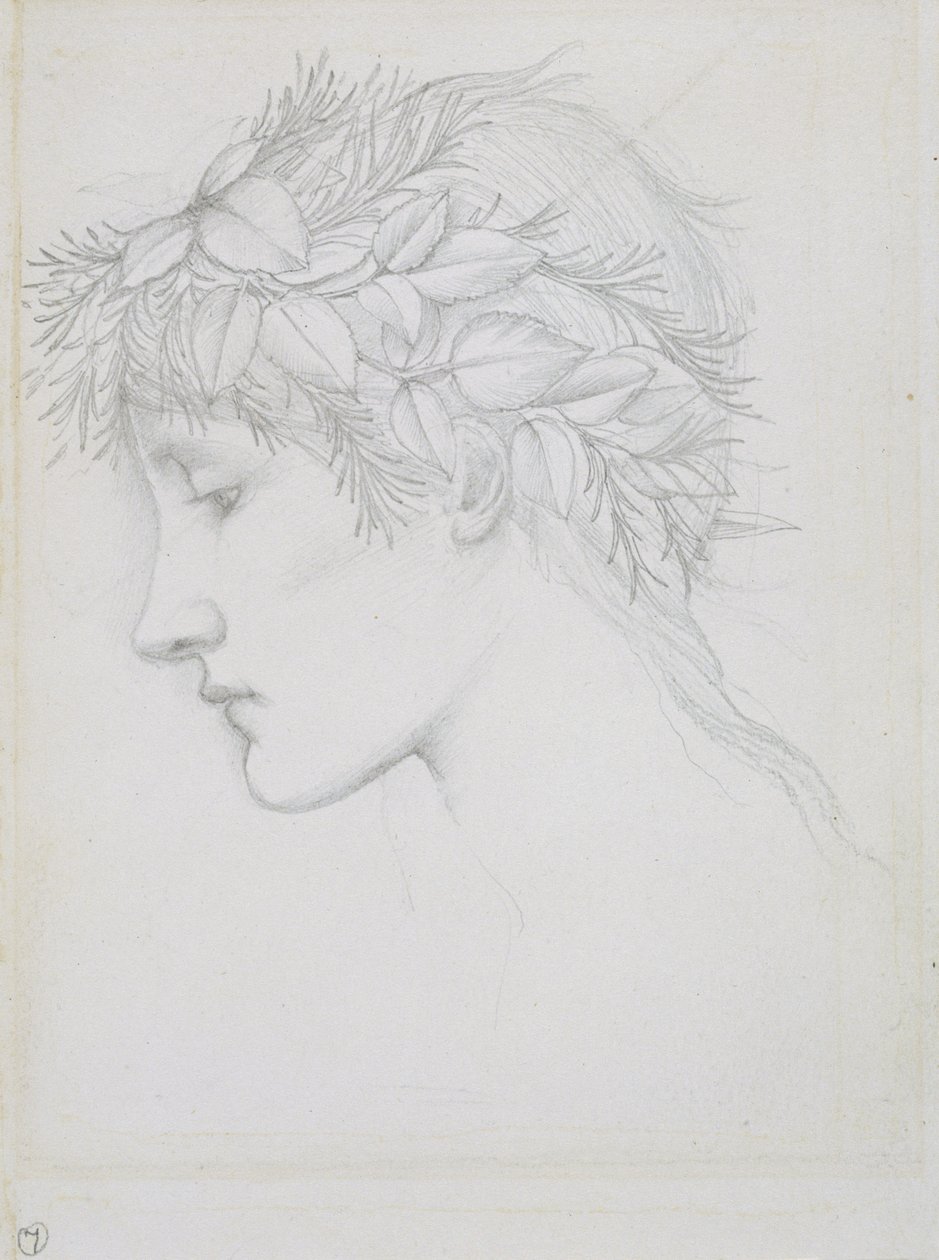 Hoved kronet med blade, ca. 1897 (blyant på papir) af Edward Coley Burne Jones