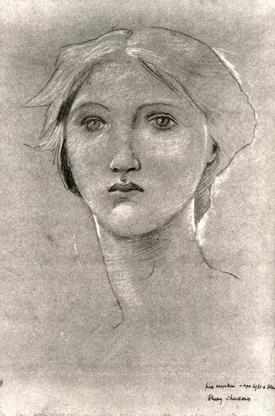 Head of a Girl, ca. 1893-96 (farvet farveblyant med forhøjning på brunt pergament) (s/h foto) af Edward Coley Burne Jones