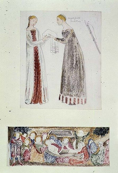 No.1084-f.10 (TtoB) To tjenestepiger, en kopi fra The Birth of Mary af Giovanni da Milano fra Rinuccini-kapellet, Firenze; Klagesangen (akvarel, blyant) af Edward Coley Burne Jones