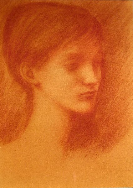 Rødt hoved / portræt af en pige (kridt på papir) af Edward Coley Burne Jones