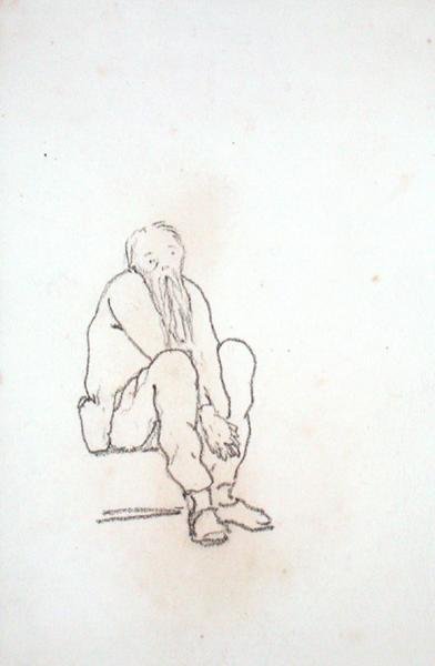 Selvportræt af kunstneren, siddende, med hænderne mellem knæene, fra et album med tegninger (blyant på papir) af Edward Coley Burne Jones