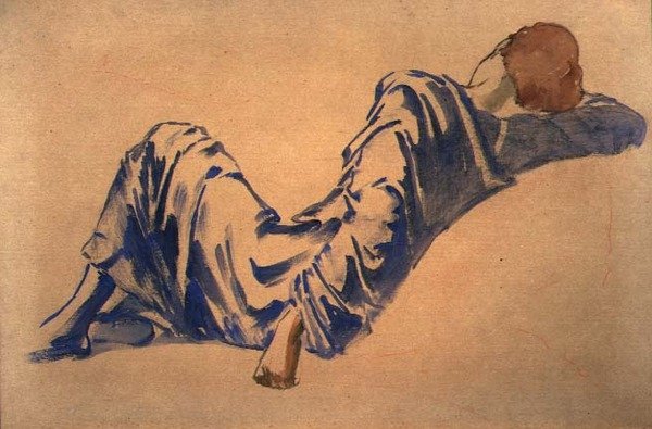 Study of a Sleeping Courtier for Briar Rose Series: The Council Room (akvarel med rødt kridt på papir) af Edward Coley Burne Jones