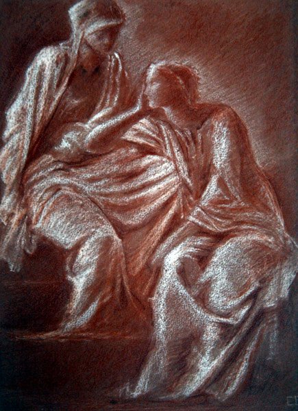 Studie af kvindefigurer (rødt og hvidt kridt på papir) af Edward Coley Burne Jones