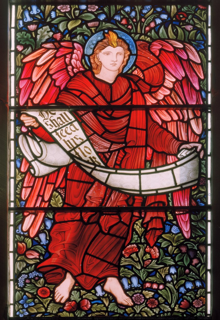 Engel holder en rulle, østvindue, 1880 (farvet glas) af Edward Burne Jones