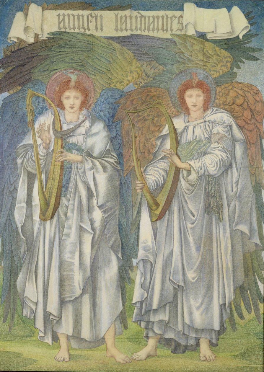 Angeli Laudantes, ca. 1887 (design til et vindue i Salisbury Cathedral, også til gobeliner) (farvet kridt på papir) af Edward Burne Jones
