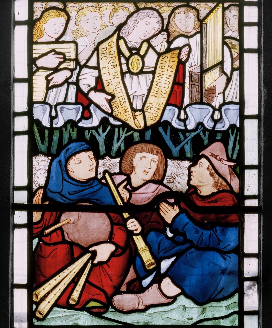 Bebudelse til hyrderne, østvindue predella, 1864 (farvet glas) af Edward Burne Jones