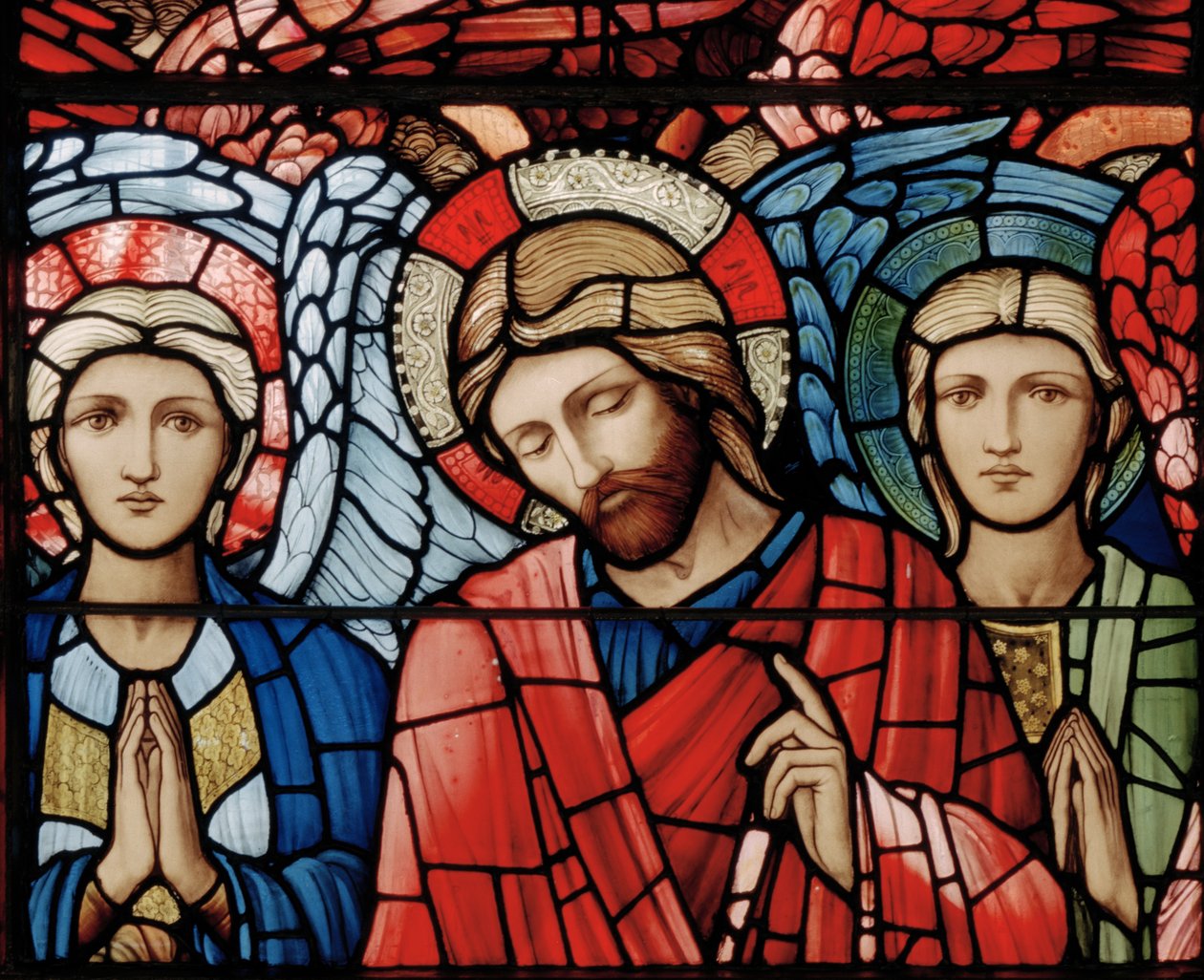 Kristus i majestæt, skytsengle, serafer, ærkeengle, detalje fra Ascension-vinduet, 1885 (farvet glas) af Edward Burne Jones
