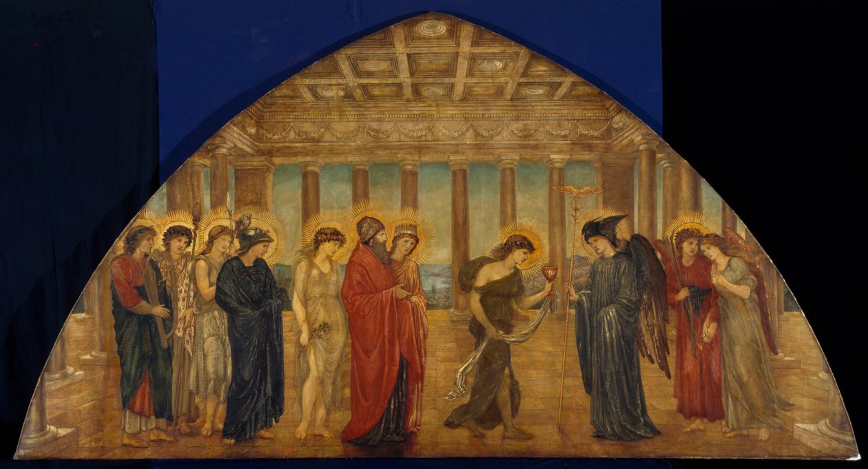 Amor og Psyche - Palads grønne vægmalerier - Psyche kommer ind i Olympens portaler, 1881 af Edward Burne Jones