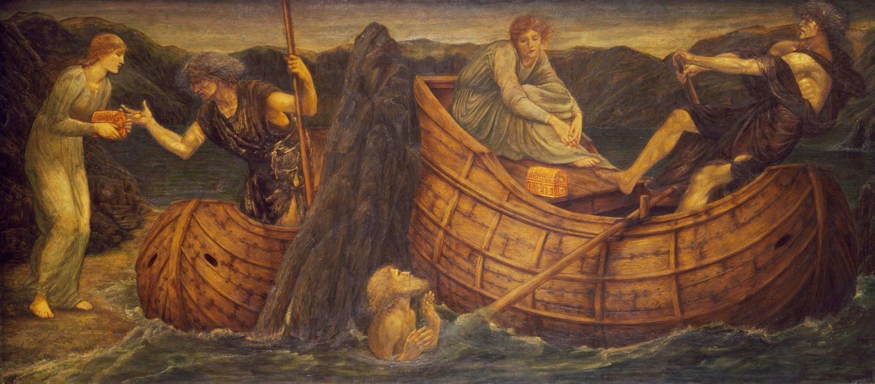 Amor og Psyche - Palace Green Murals - Psyche giver mønten til færgemanden fra Styx, 1881 af Edward Burne Jones