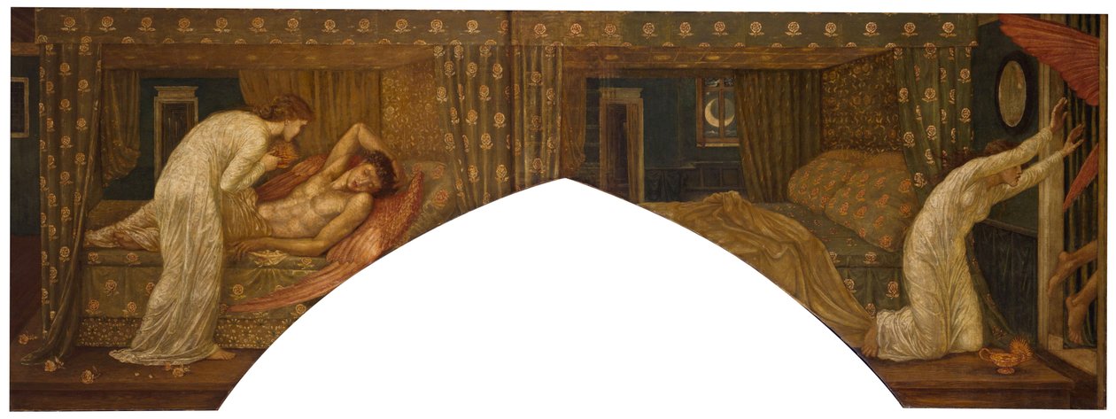 Amor og Psyche - Palads grønne vægmalerier - Psyche holder lampen blik på ansigtet af sovende Amor og Psyche forladt, 1881 af Edward Burne Jones