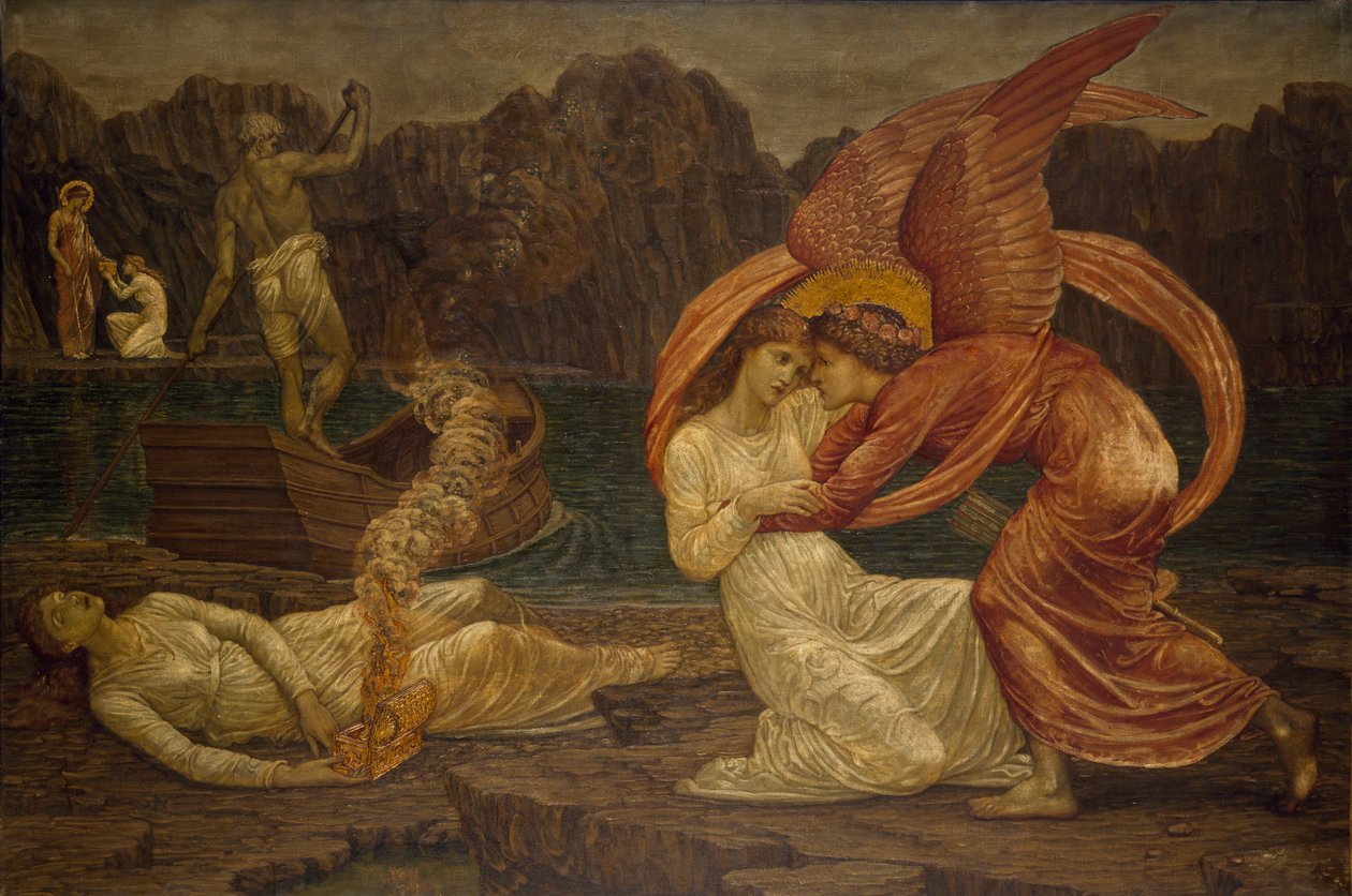 Amor og Psyche - Palace Green Murals - Psyche modtager kisten fra Proserpine, 1881 af Edward Burne Jones