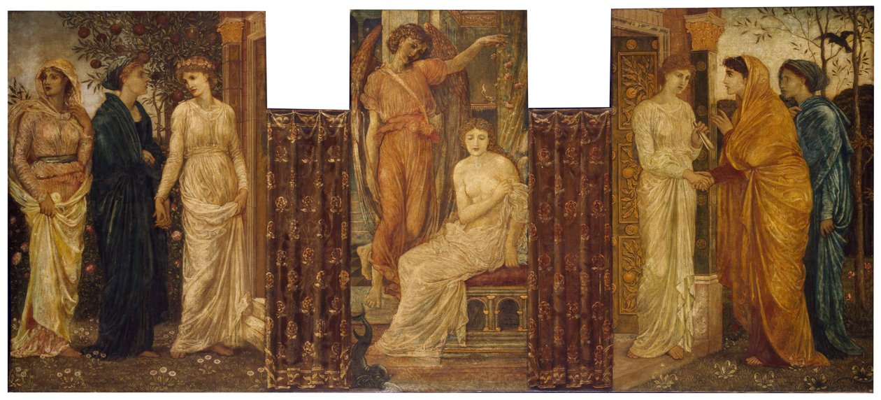Amor og Psyche - Palads grønne vægmalerier - Psyches søstre besøger hende i Amors hus, 1881 af Edward Burne Jones