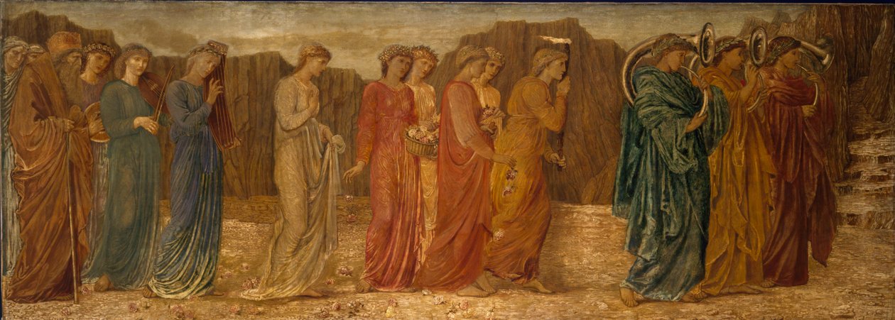 Amor og Psyche - Palace Green Murals - Kongen og andre sørgende overgiver Psyche til monsteret, 1881 af Edward Burne Jones
